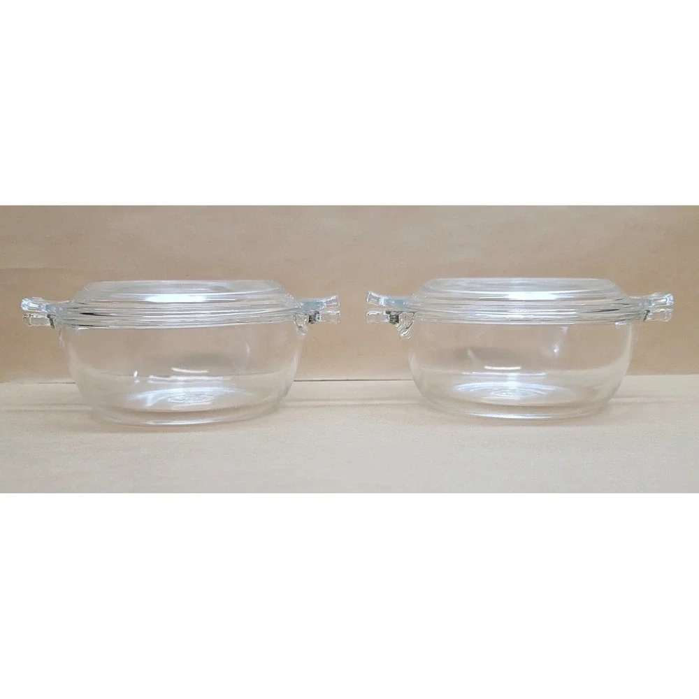 Set of 2 Vintage Pyrex 018 Clear Glass 10oz Round Casserole Dishes with Lids USA